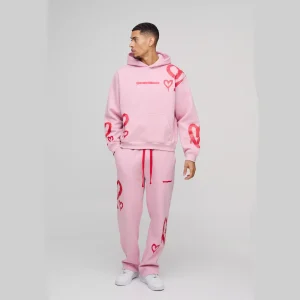 Oversized Boxy All Over Heart Printed Hooded Tracksuit