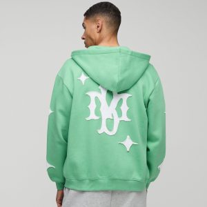 Oversized Star Applique BM Zip Through Hoodie