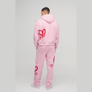 Oversized Boxy All Over Heart Printed Hooded Tracksuit