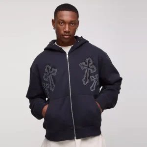 Oversized Rhinestone Zip Up Through Hoodie